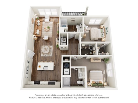 Floor plan for 2 beds, 2 baths, 1283 sqft